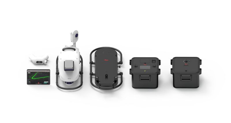 Preview of Leica Pegasus mobile mapping accessories, including control unit, battery unit, additional butterfly cameras, and a tablet running Leica Pegasus FIELD software.